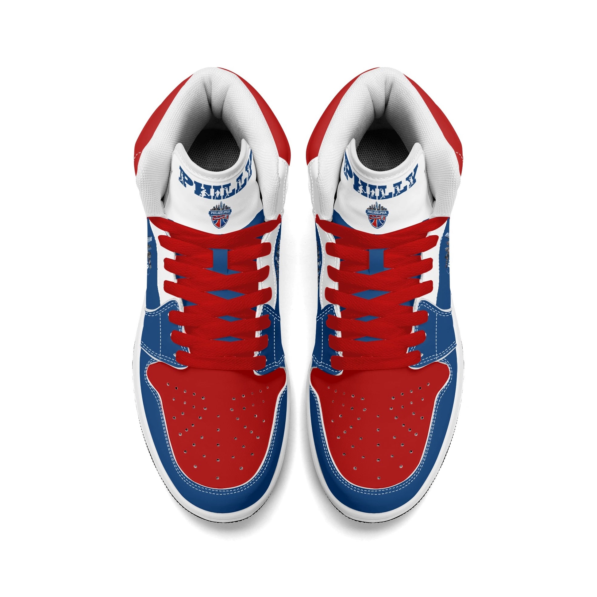 Philadelphia basketball-inspired high top sneakers in blue with all-over city graphic printed upper