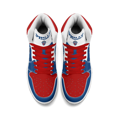 Philadelphia basketball-inspired high top sneakers in blue with all-over city graphic printed upper