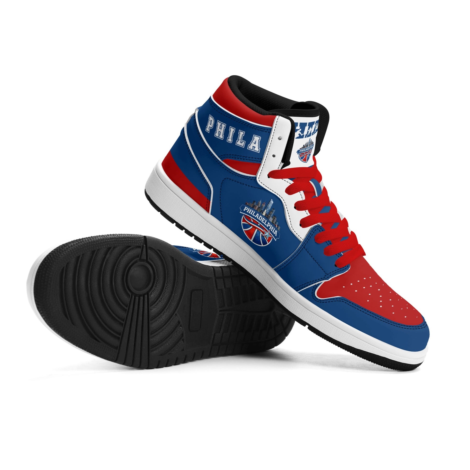 Philadelphia basketball-inspired high top sneakers in blue with all-over city graphic printed upper