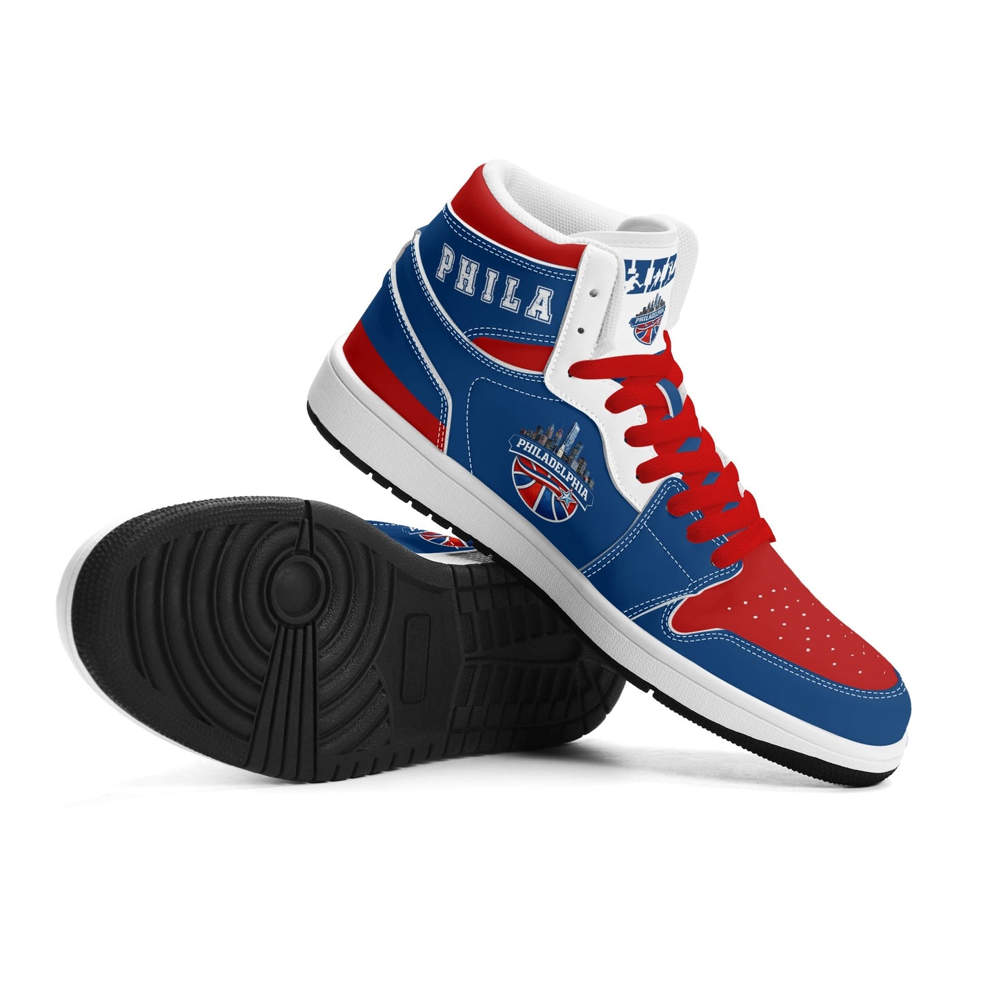 Philadelphia basketball-inspired high top sneakers in blue with all-over city graphic printed upper