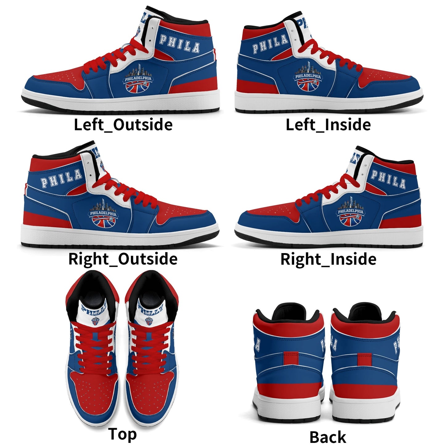 Philadelphia basketball-inspired high top sneakers in blue with all-over city graphic printed upper