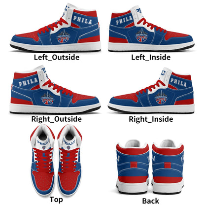 Philadelphia basketball-inspired high top sneakers in blue with all-over city graphic printed upper