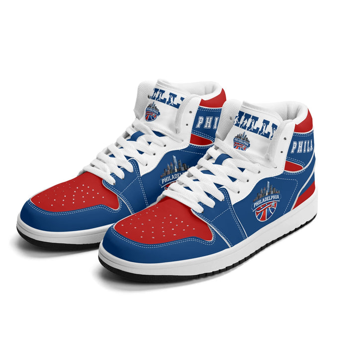 Philadelphia basketball Jamrock High top sneakers in blue-dominant colourway with PHILA collar and PHILADELPHIA skyline badge