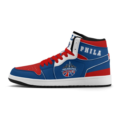 Philadelphia basketball-inspired high top sneakers in blue with all-over city graphic printed upper
