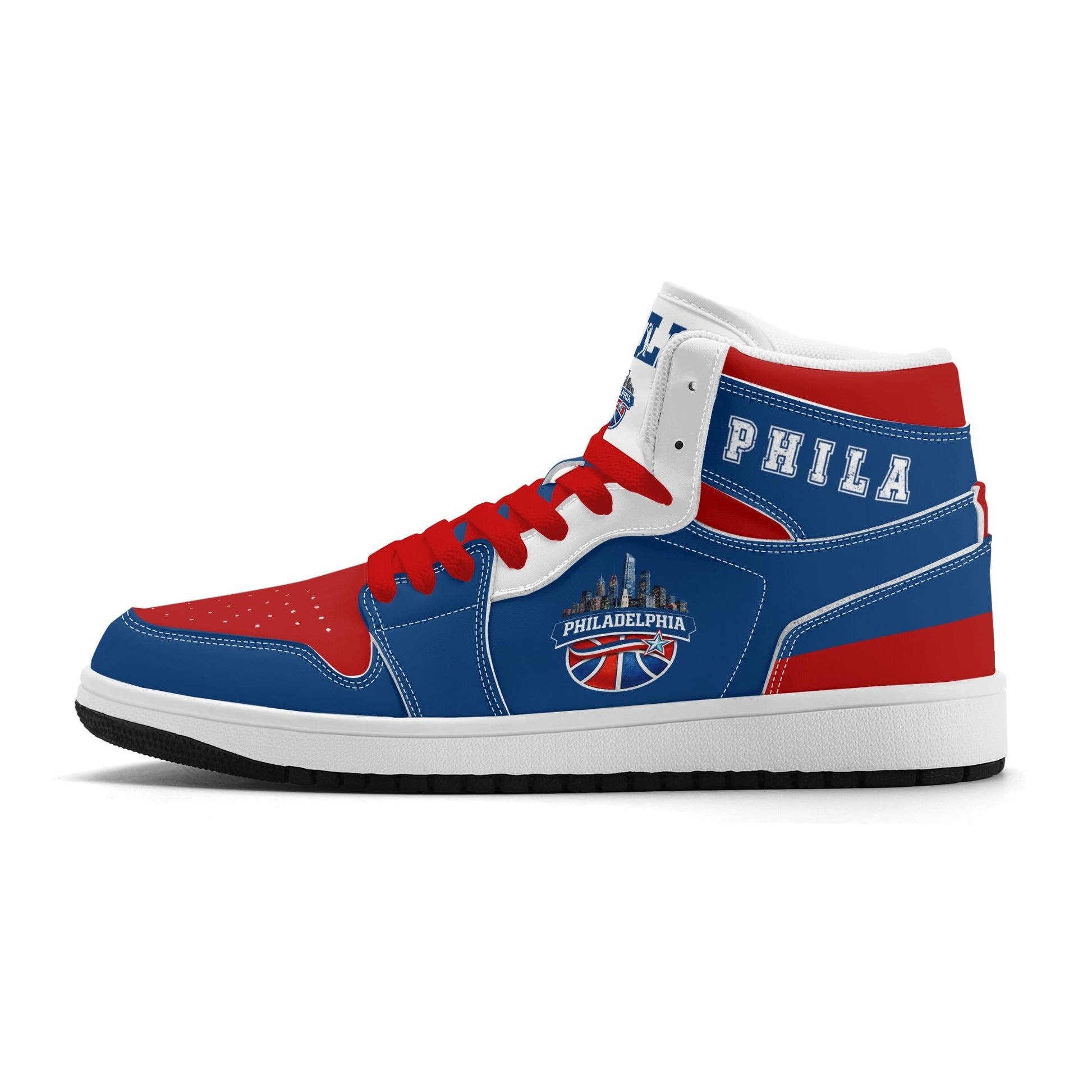 Philadelphia basketball-inspired high top sneakers in blue with all-over city graphic printed upper