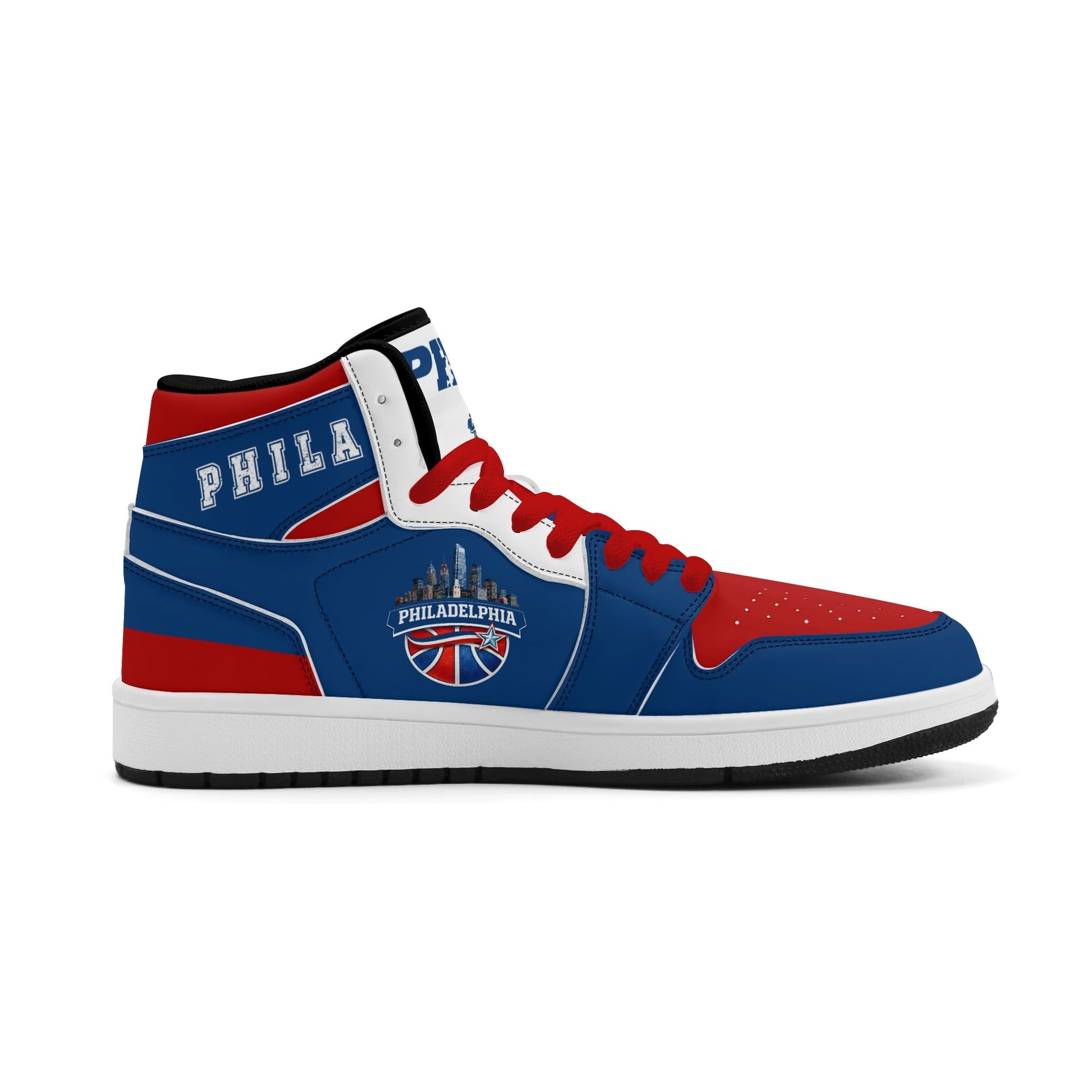 Philadelphia basketball-inspired high top sneakers in blue with all-over city graphic printed upper