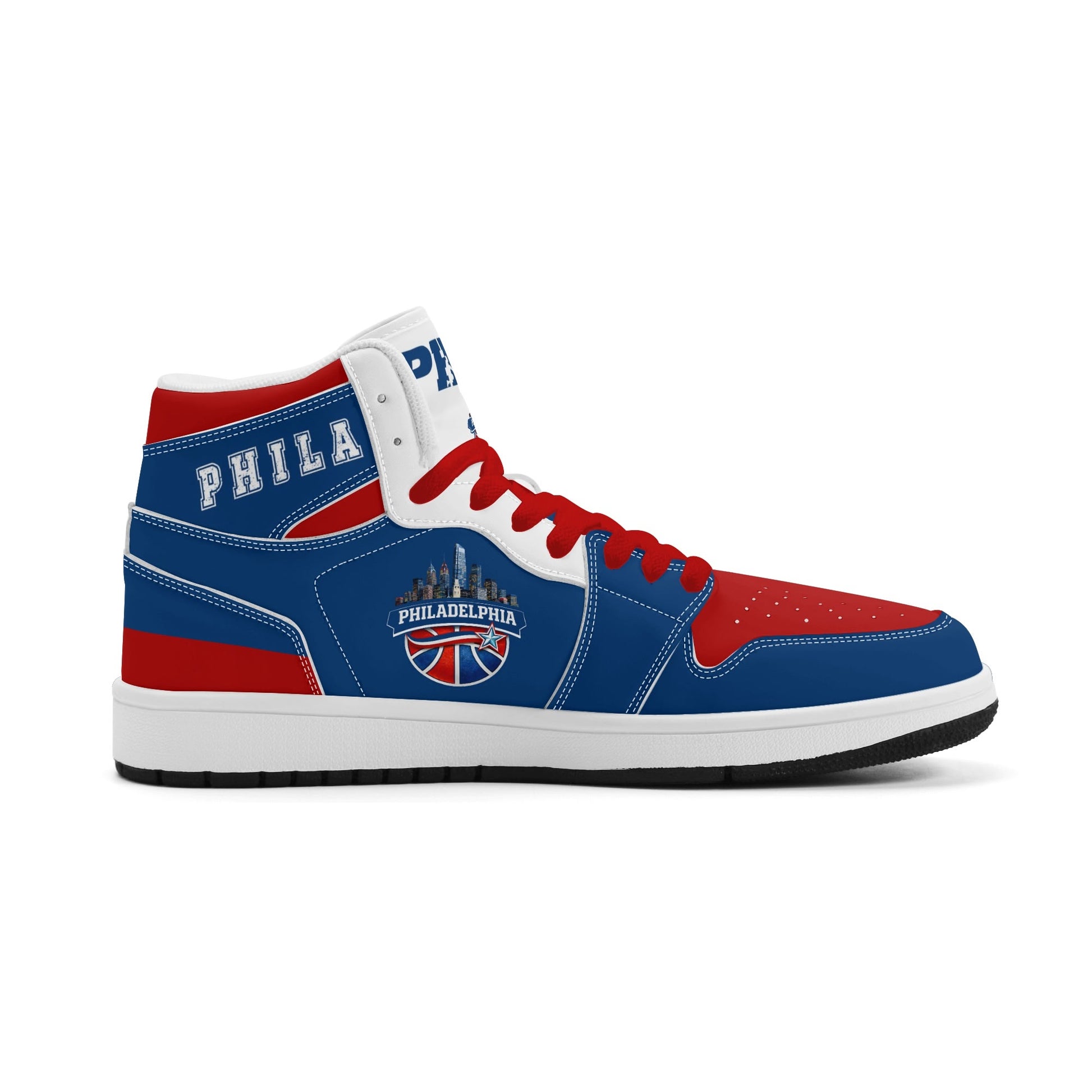 Philadelphia basketball-inspired high top sneakers in blue with all-over city graphic printed upper