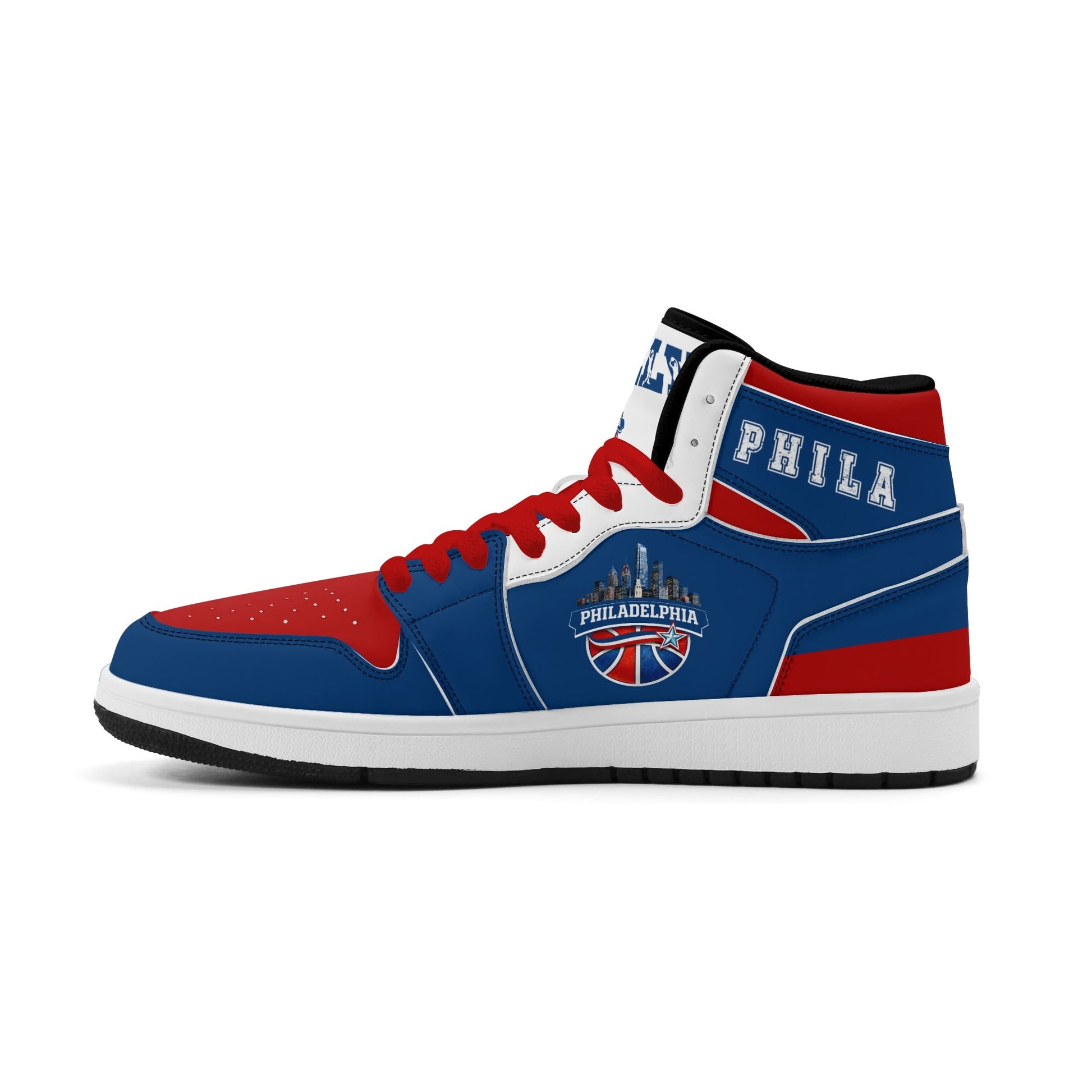 Philadelphia basketball-inspired high top sneakers in blue with all-over city graphic printed upper