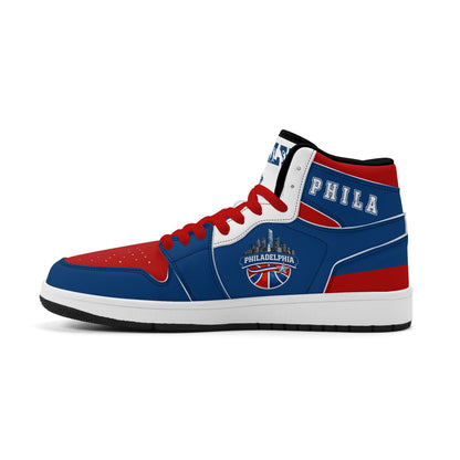 Philadelphia basketball-inspired high top sneakers in blue with all-over city graphic printed upper