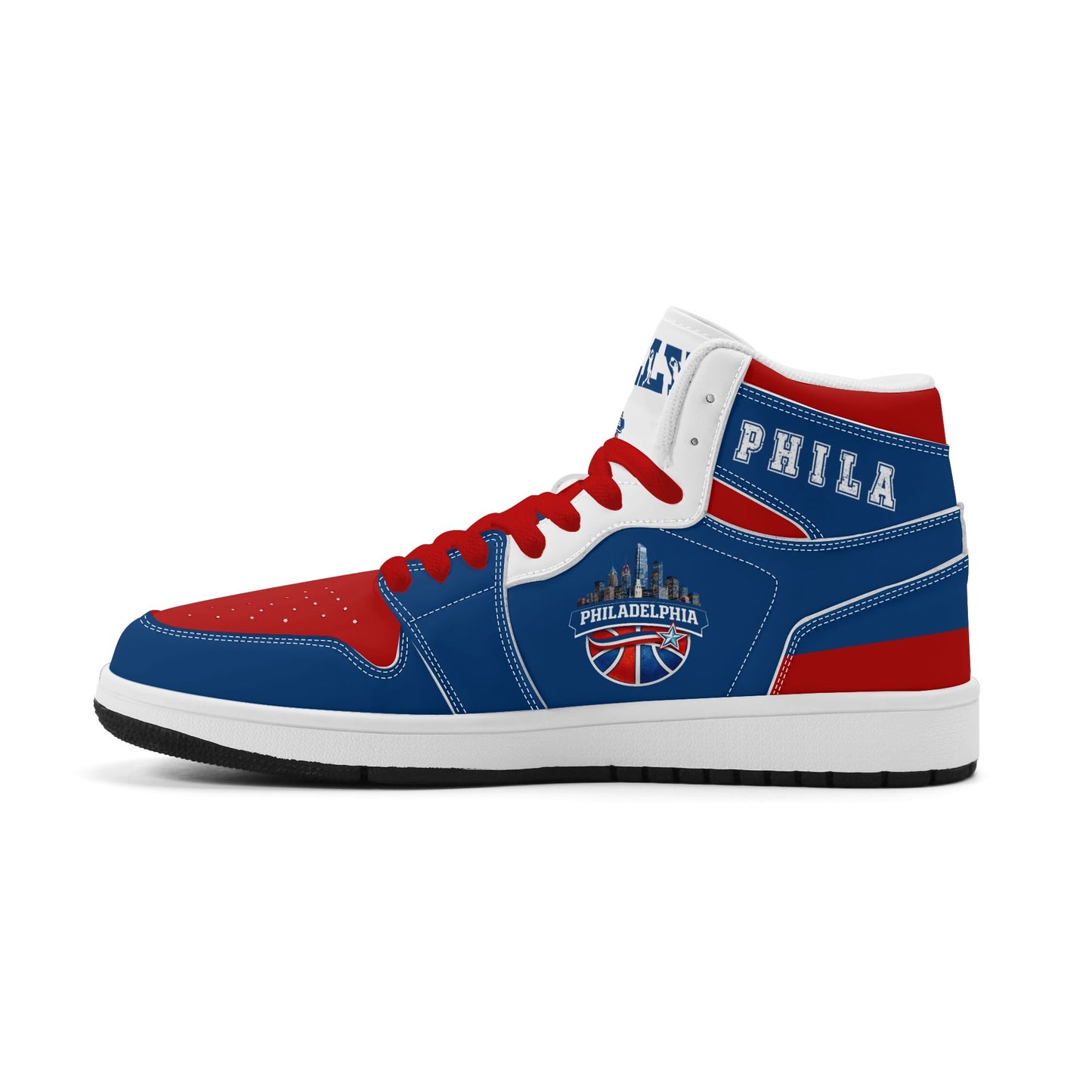 Philadelphia basketball-inspired high top sneakers in blue with all-over city graphic printed upper