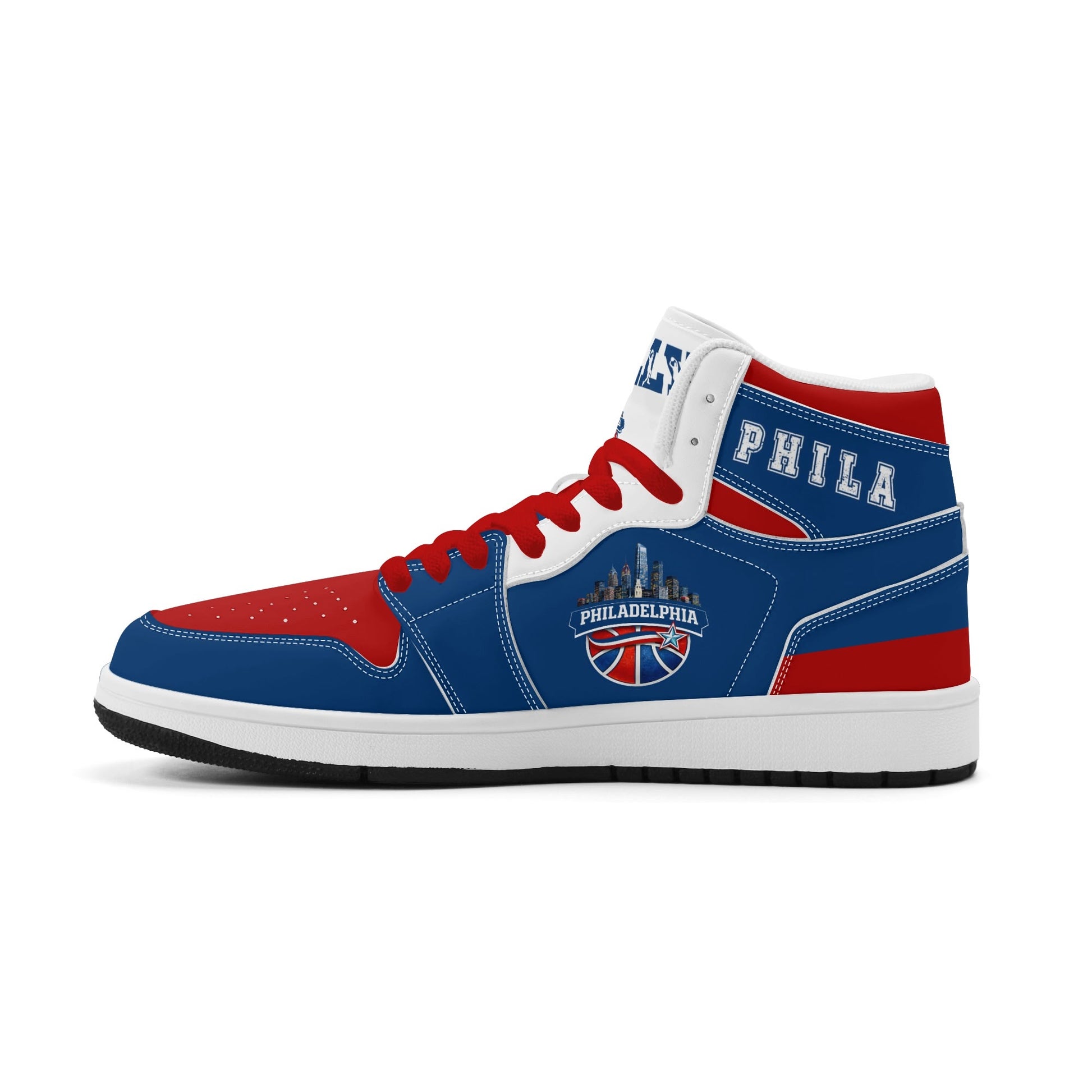Philadelphia basketball-inspired high top sneakers in blue with all-over city graphic printed upper