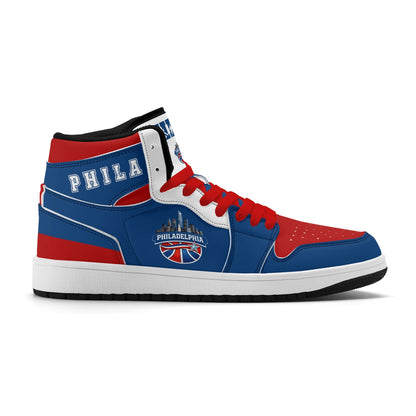 Philadelphia basketball-inspired high top sneakers in blue with all-over city graphic printed upper
