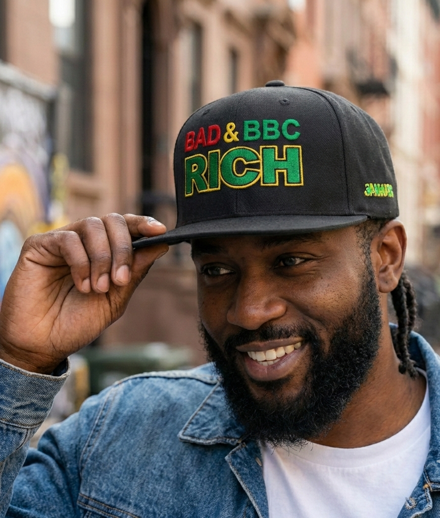 Man wearing a 'Bad & BBC Rich' cap in an urban setting