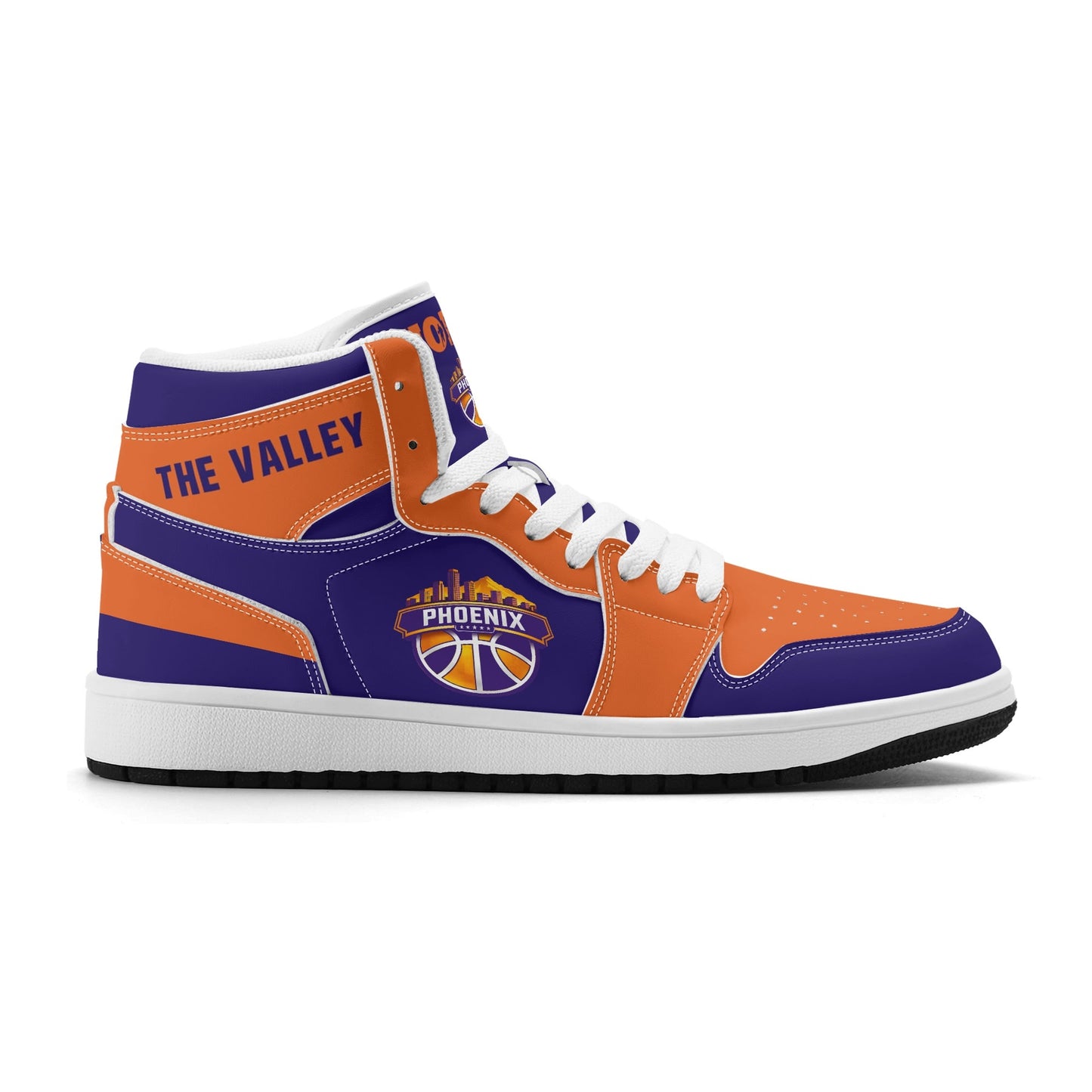 Phoenix basketball-inspired high top sneakers in purple with all-over city graphic printed upper