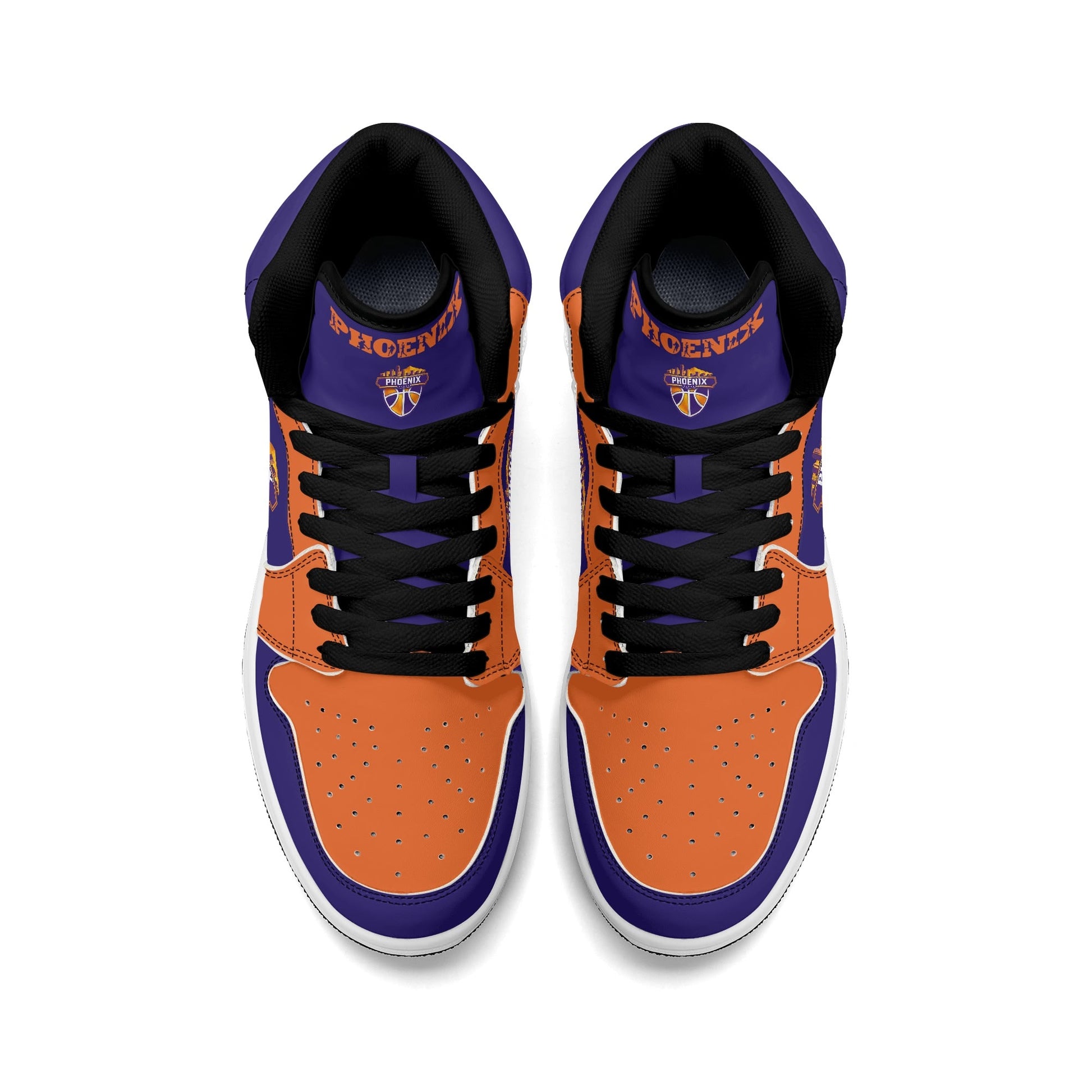 Phoenix basketball-inspired high top sneakers in purple with all-over city graphic printed upper