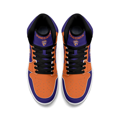 Phoenix basketball-inspired high top sneakers in purple with all-over city graphic printed upper
