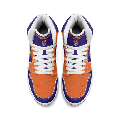 Phoenix basketball-inspired high top sneakers in purple with all-over city graphic printed upper