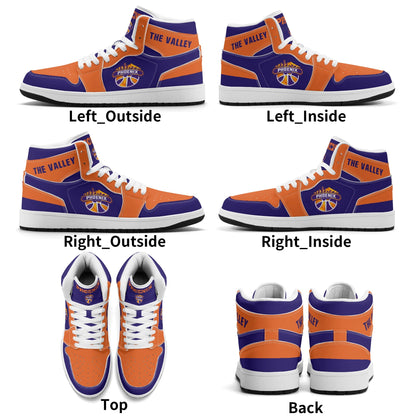 Phoenix basketball-inspired high top sneakers in purple with all-over city graphic printed upper