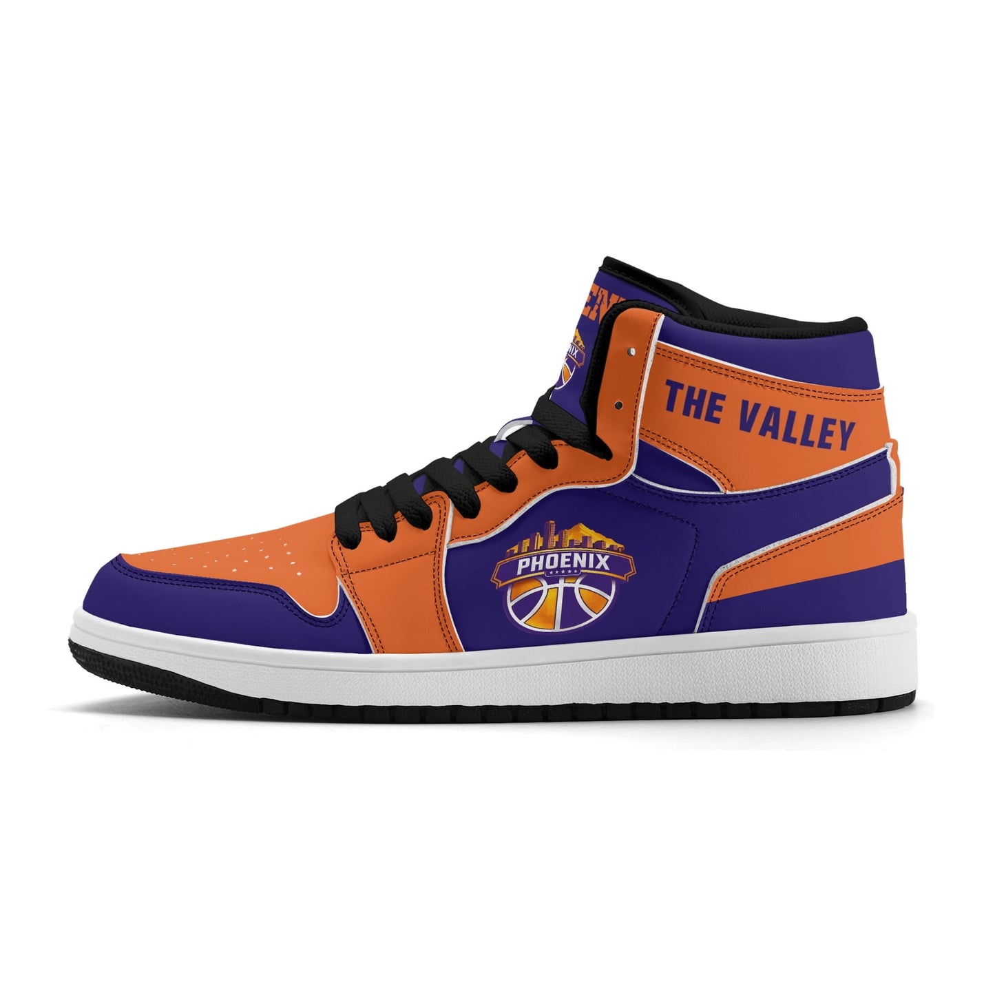 Phoenix basketball-inspired high top sneakers in purple with all-over city graphic printed upper