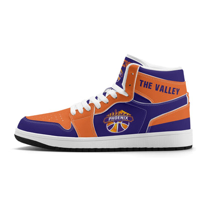 Phoenix basketball-inspired high top sneakers in purple with all-over city graphic printed upper