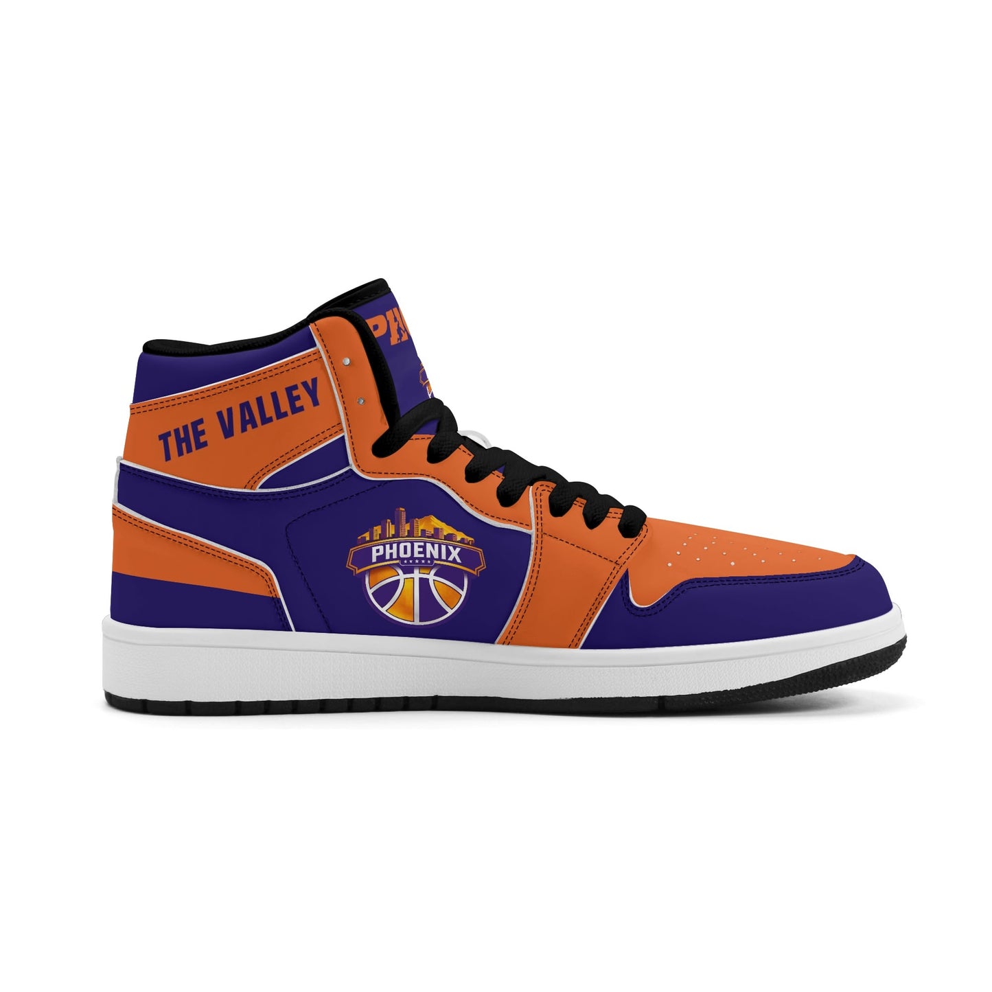 Phoenix basketball-inspired high top sneakers in purple with all-over city graphic printed upper