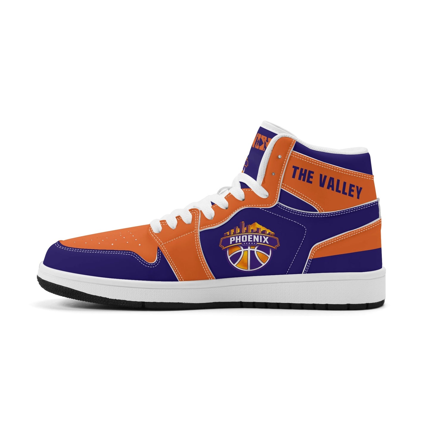 Phoenix basketball-inspired high top sneakers in purple with all-over city graphic printed upper