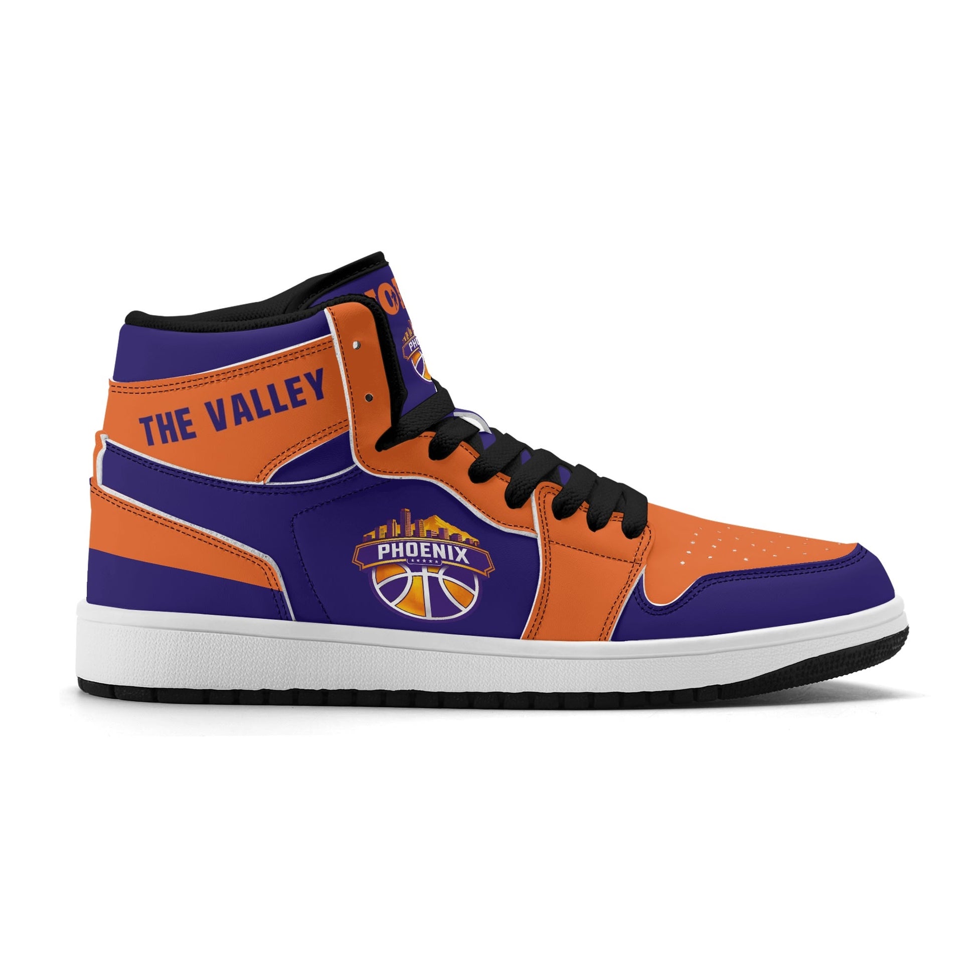 Phoenix basketball-inspired high top sneakers in purple with all-over city graphic printed upper