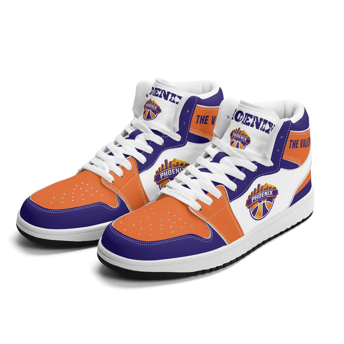 Phoenix basketball Jamrock High top sneakers in white, orange and purple with THE VALLEY collar and PHOENIX skyline badge