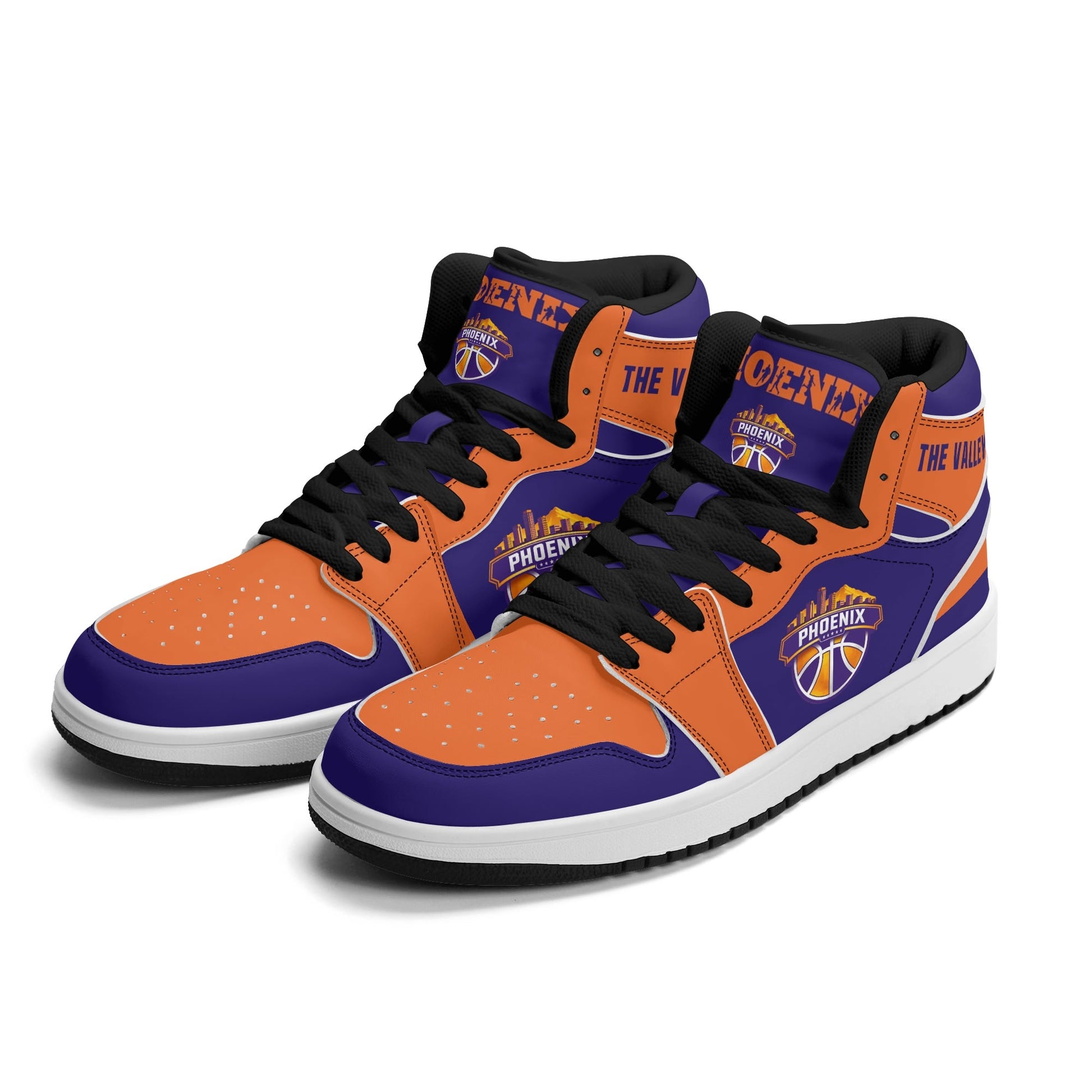 Phoenix basketball-inspired high top sneakers in purple with all-over city graphic printed upper