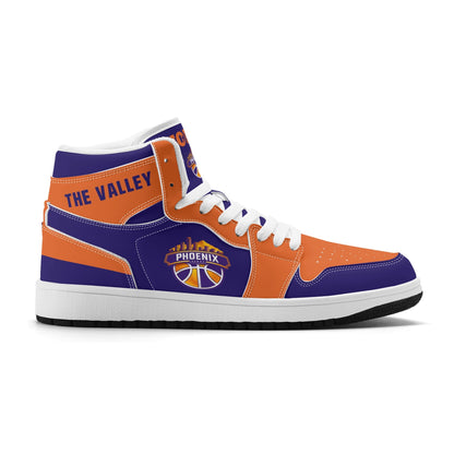 Phoenix basketball-inspired high top sneakers in purple with all-over city graphic printed upper