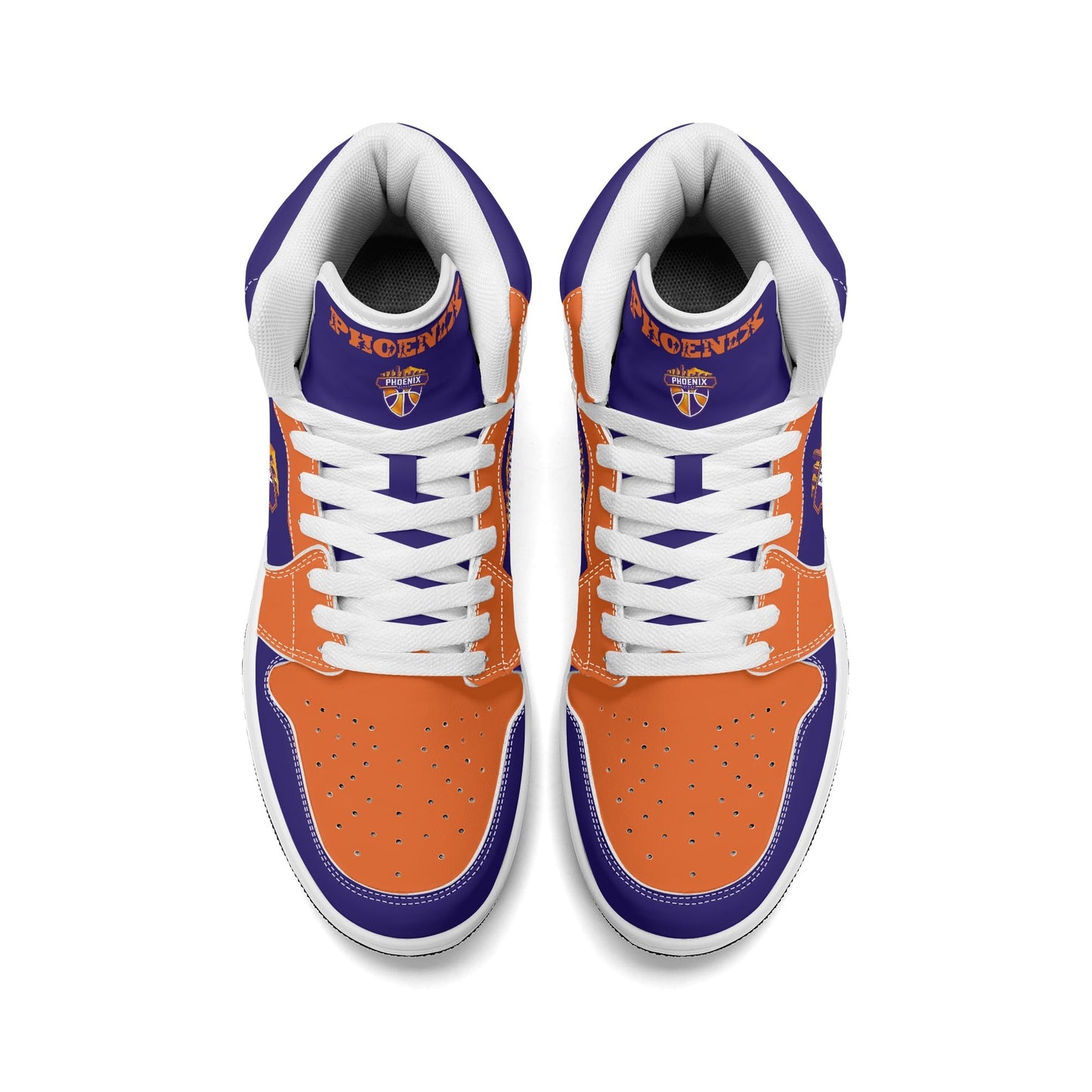 Phoenix basketball-inspired high top sneakers in purple with all-over city graphic printed upper