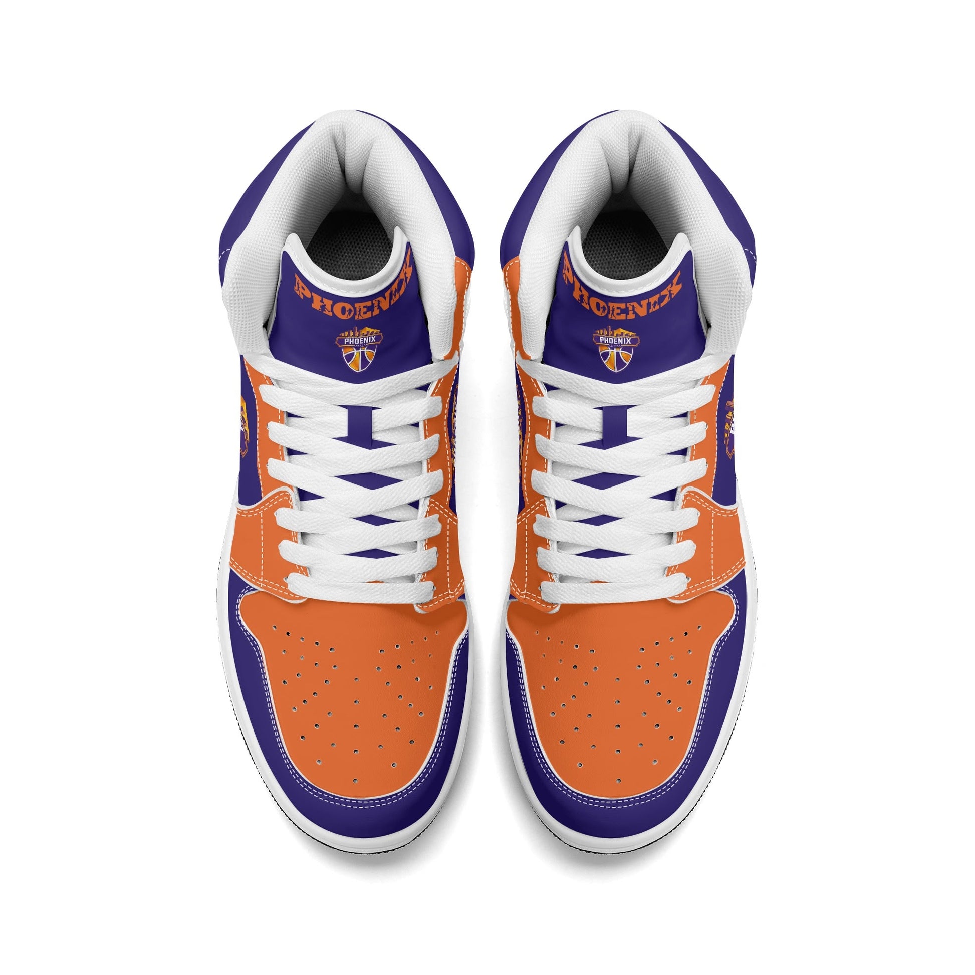 Phoenix basketball-inspired high top sneakers in purple with all-over city graphic printed upper