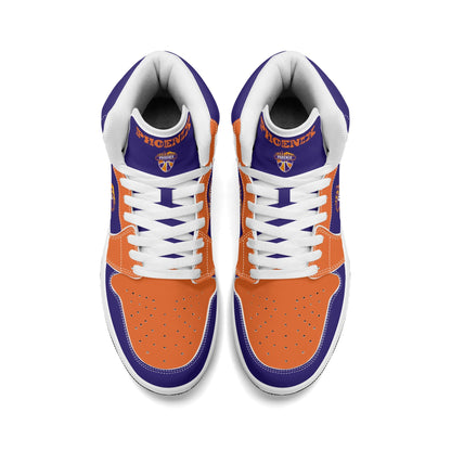 Phoenix basketball-inspired high top sneakers in purple with all-over city graphic printed upper