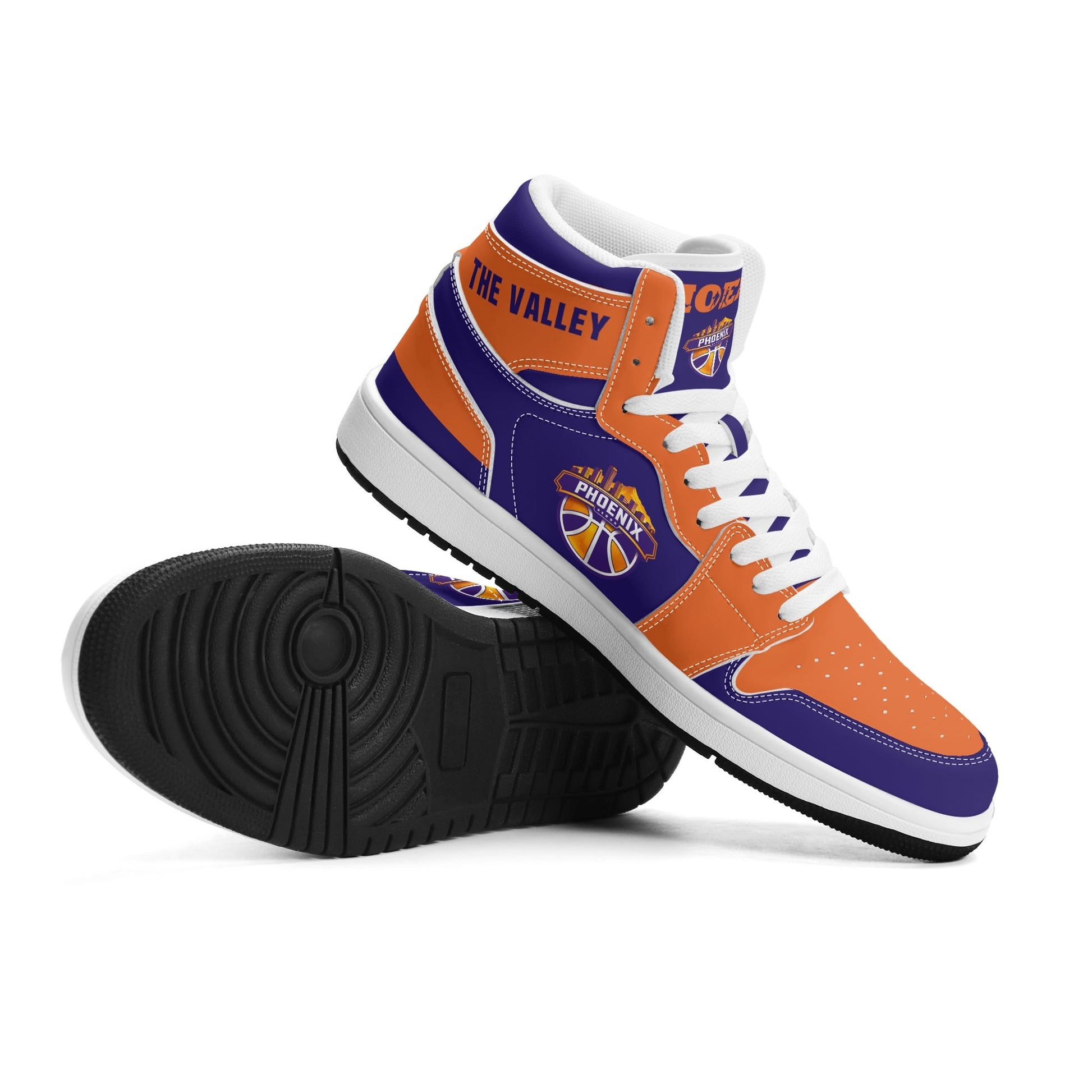 Phoenix basketball-inspired high top sneakers in purple with all-over city graphic printed upper