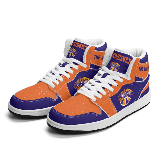 Phoenix basketball Jamrock High top sneakers in purple and orange with THE VALLEY collar and PHOENIX skyline badge