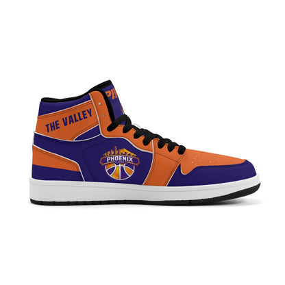 Phoenix basketball-inspired high top sneakers in purple with all-over city graphic printed upper