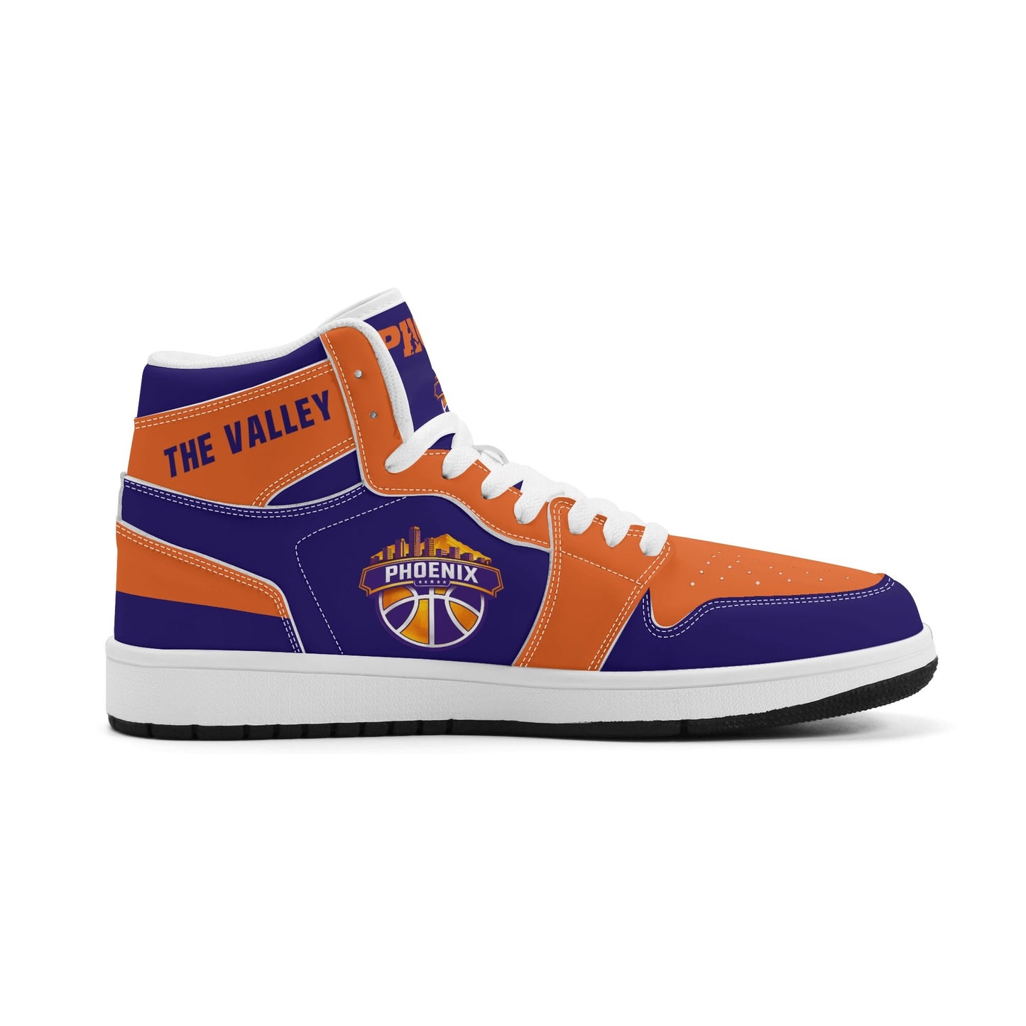 Phoenix basketball-inspired high top sneakers in purple with all-over city graphic printed upper