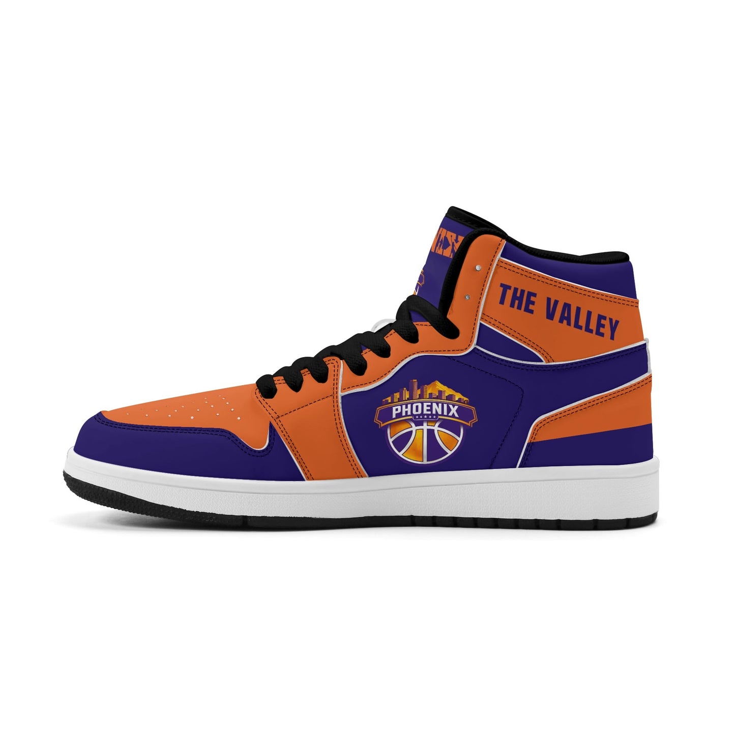 Phoenix basketball-inspired high top sneakers in purple with all-over city graphic printed upper