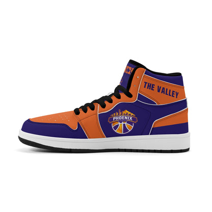 Phoenix basketball-inspired high top sneakers in purple with all-over city graphic printed upper
