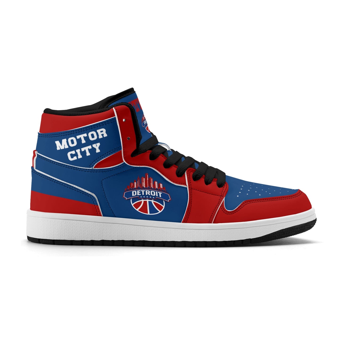 Detroit basketball-inspired high top sneakers in blue with all-over city graphic printed upper