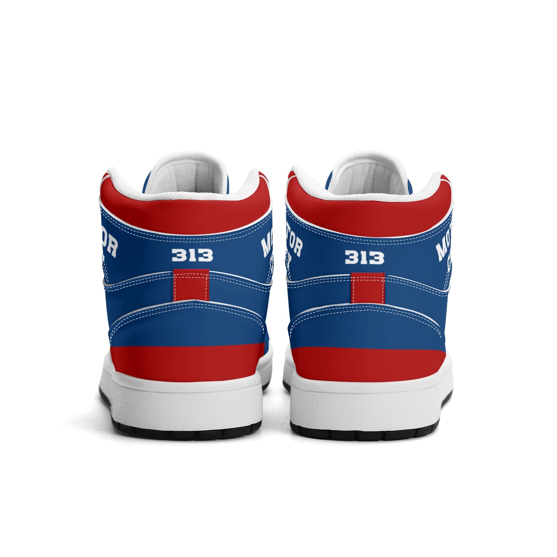 Detroit basketball-inspired high top sneakers in blue with all-over city graphic printed upper