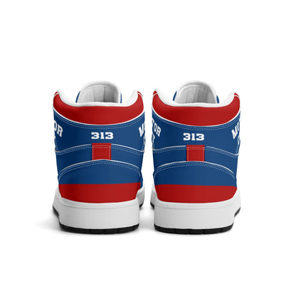 Detroit basketball-inspired high top sneakers in blue with all-over city graphic printed upper