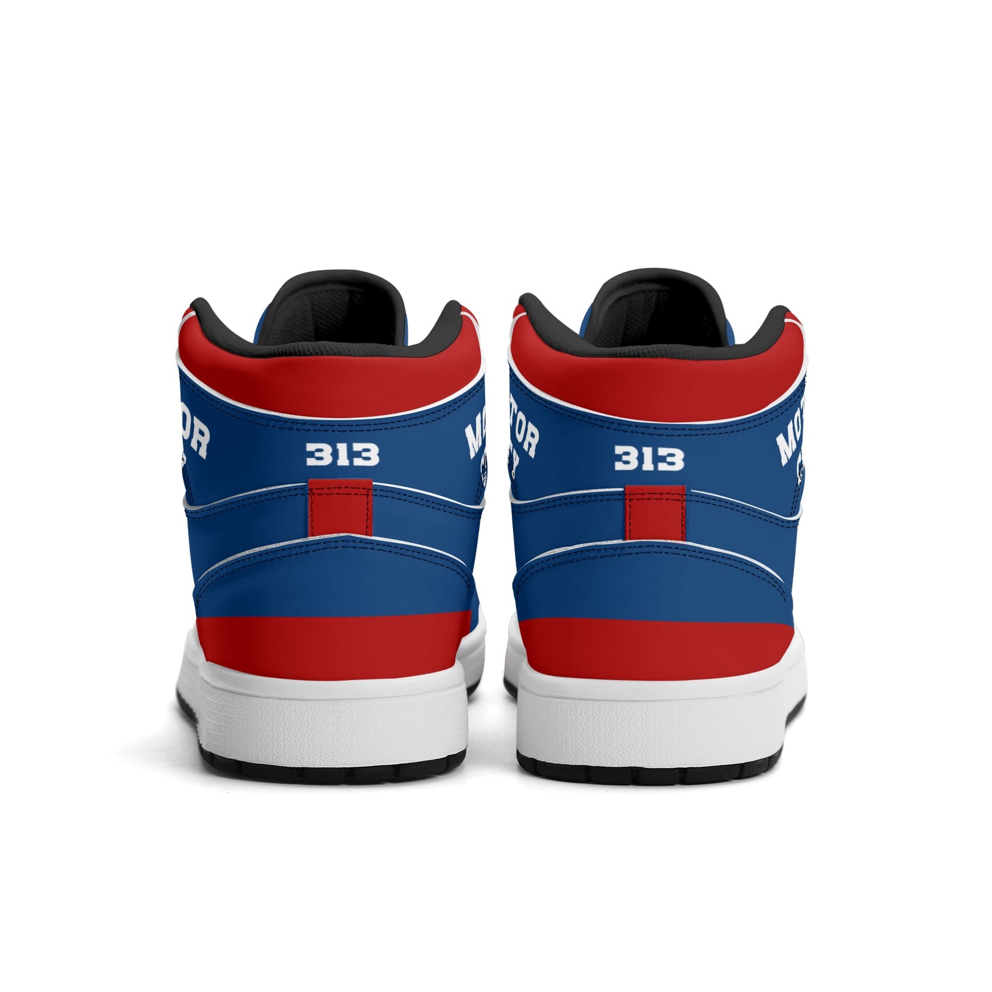 Detroit basketball-inspired high top sneakers in blue with all-over city graphic printed upper