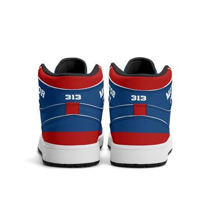 Detroit basketball-inspired high top sneakers in blue with all-over city graphic printed upper
