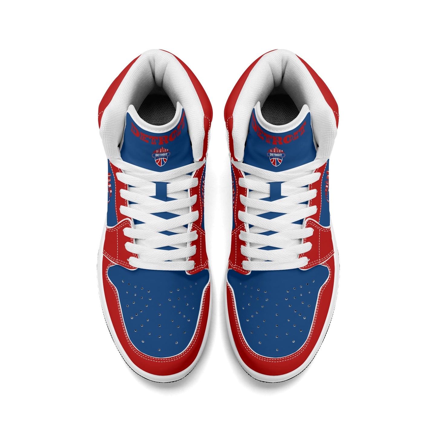 Detroit basketball-inspired high top sneakers in blue with all-over city graphic printed upper