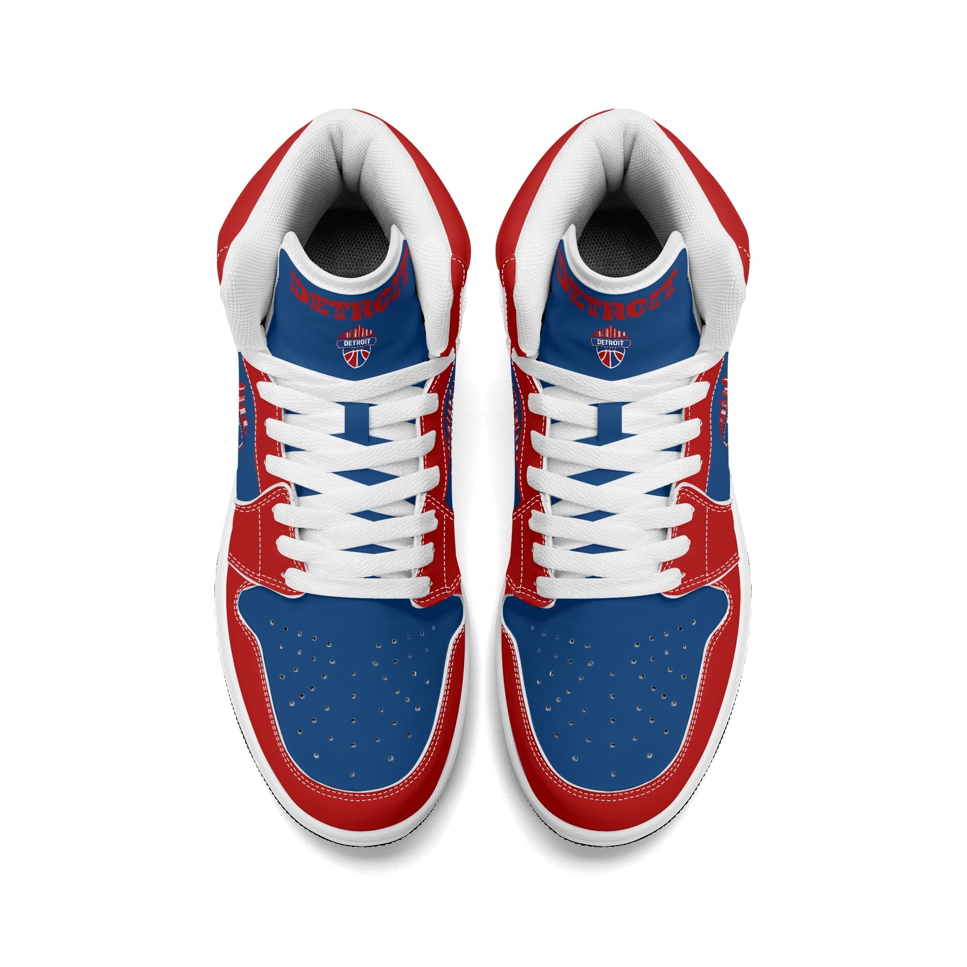 Detroit basketball-inspired high top sneakers in blue with all-over city graphic printed upper