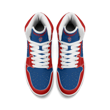 Detroit basketball-inspired high top sneakers in blue with all-over city graphic printed upper