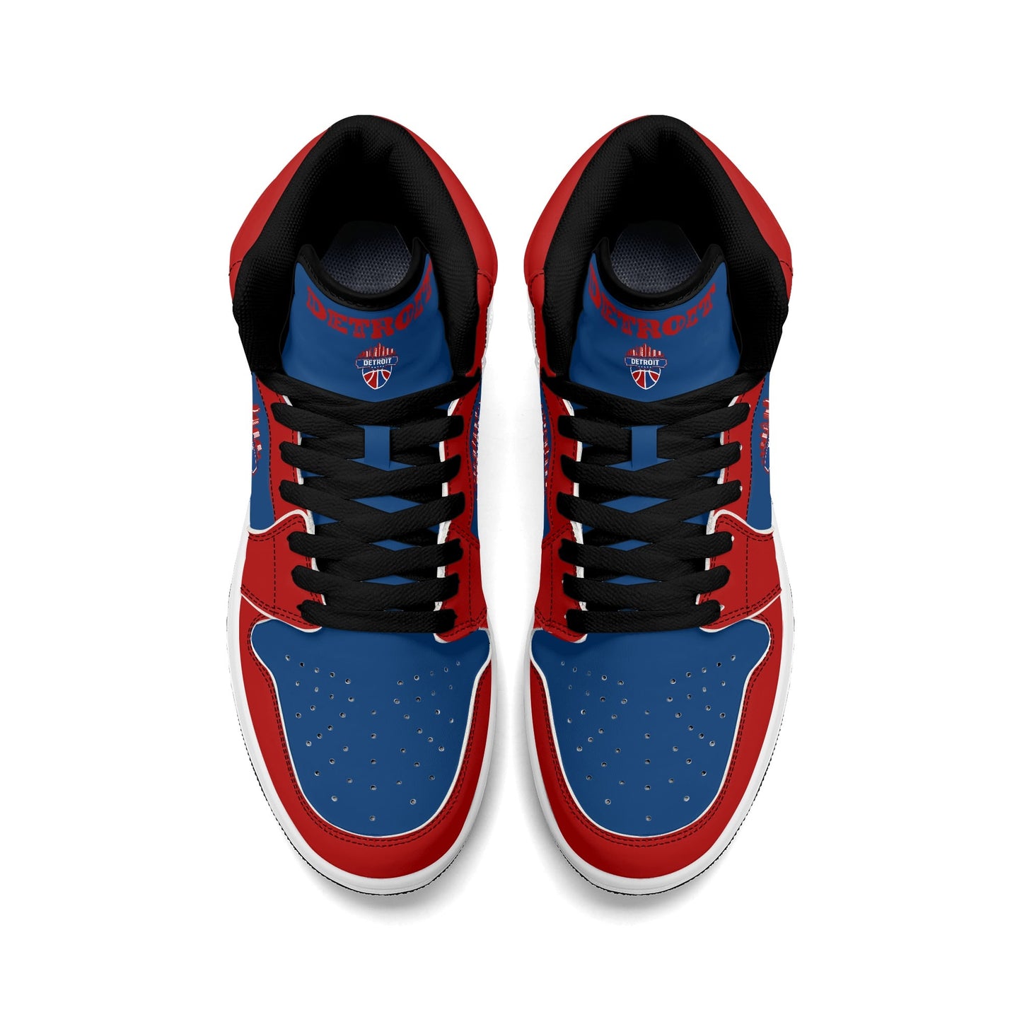 Detroit basketball-inspired high top sneakers in blue with all-over city graphic printed upper
