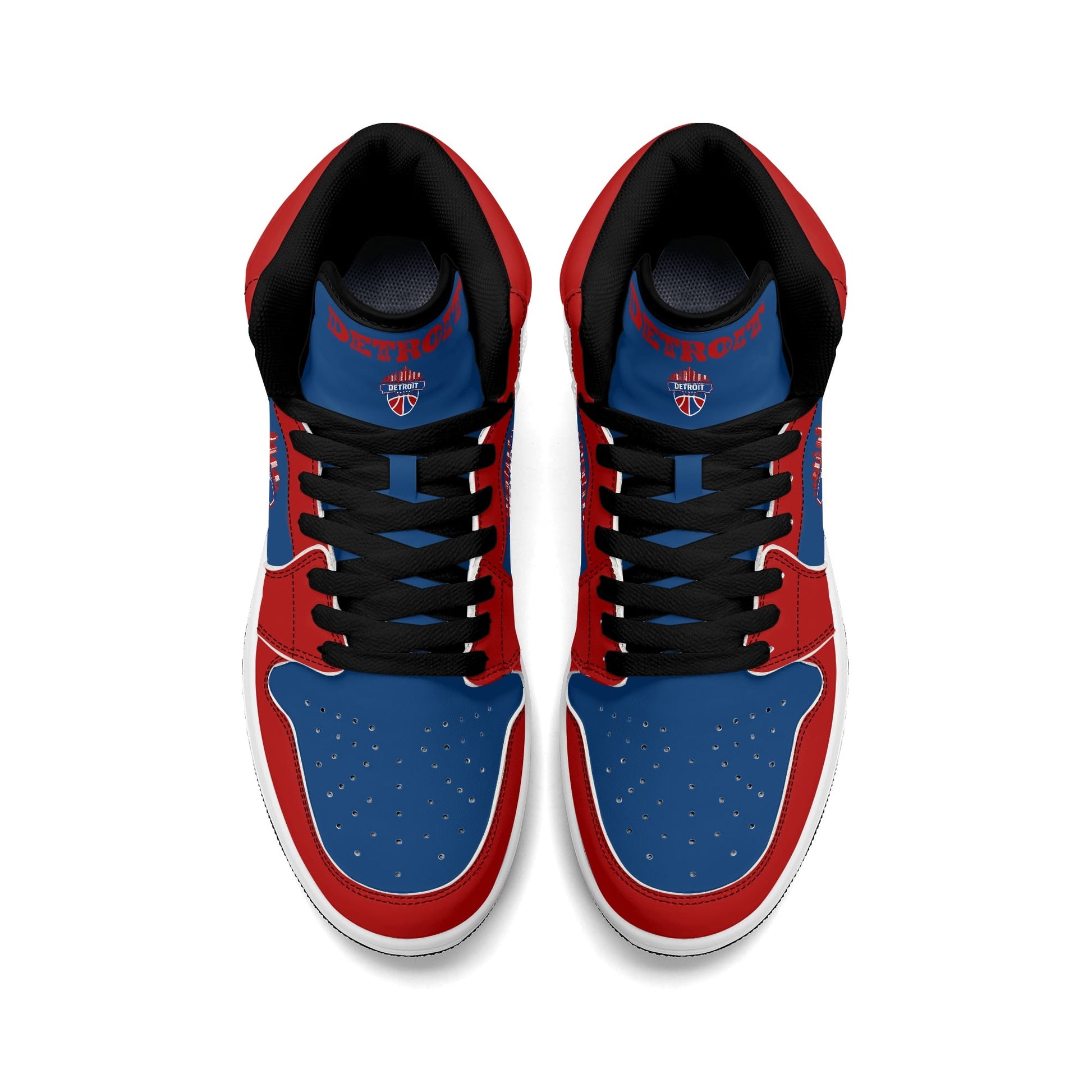 Detroit basketball-inspired high top sneakers in blue with all-over city graphic printed upper
