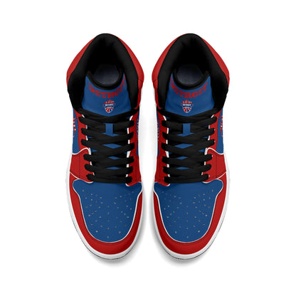 Detroit basketball-inspired high top sneakers in blue with all-over city graphic printed upper